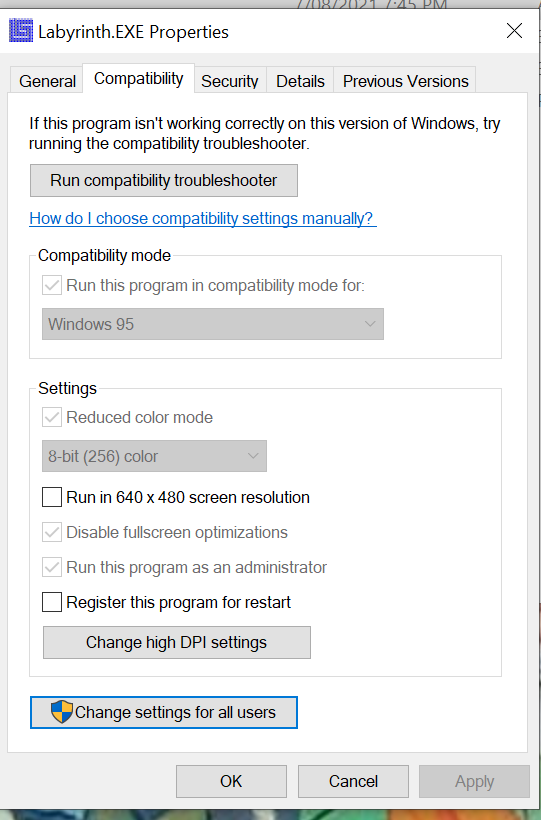 Windows compatibility settings required to run Labyrinth